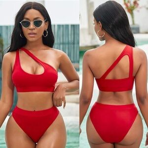 Women’s Sexy Swimsuit Red Bikini Set High Waisted One Shoulder Swim Suit Medium